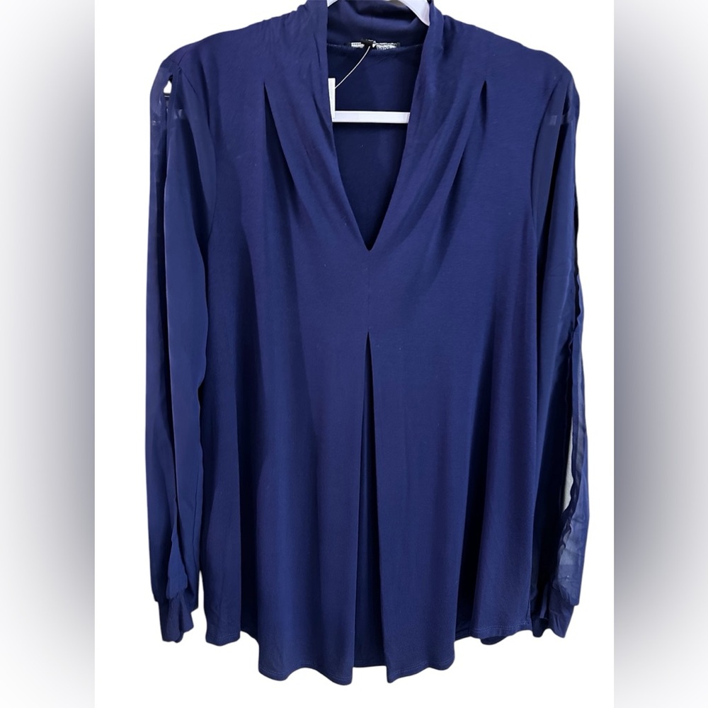 Cable & Gauge | Evening Blue Knit Blouse | Women’s Size L | Elegant Essential